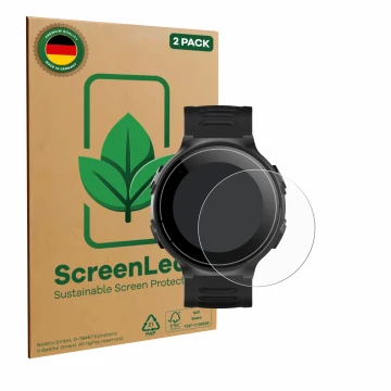 Vorderseite einer Produktverpackung mit dem Markenlogo ScreenLeaf. Daneben ist das Gerät Kiprun GPS 500 Coros mit dem zugehöri