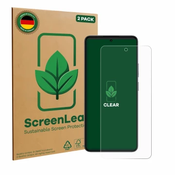 Vorderseite einer Produktverpackung mit dem Markenlogo ScreenLeaf. Daneben ist das Gerät realme 14T mit dem zugehörigen Displa