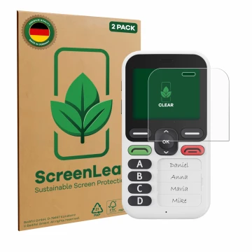 Vorderseite einer Produktverpackung mit dem Markenlogo ScreenLeaf. Daneben ist das Gerät Doro Leva X10 mit dem zugehörigen Dis