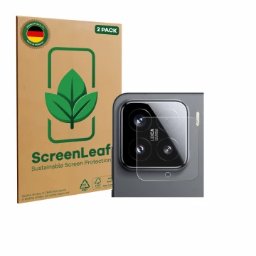 Vorderseite einer Produktverpackung mit dem Markenlogo ScreenLeaf. Daneben ist das Gerät Xiaomi 15 (NUR Kameraschutz) mit dem 