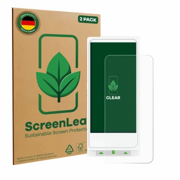 Vorderseite einer Produktverpackung mit dem Markenlogo ScreenLeaf. Daneben ist das Gerät Clover Flex mit dem zugehörigen Displ