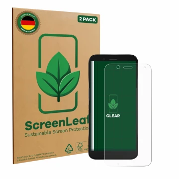 Vorderseite einer Produktverpackung mit dem Markenlogo ScreenLeaf. Daneben ist das Gerät Datalogic Memor 12 mit dem zugehörige