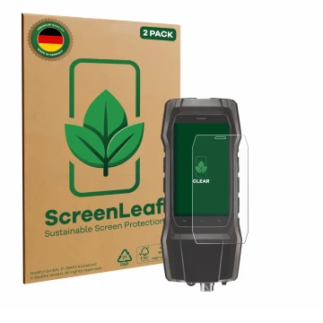 Vorderseite einer Produktverpackung mit dem Markenlogo ScreenLeaf. Daneben ist das Gerät Testo 300 mit dem zugehörigen Display