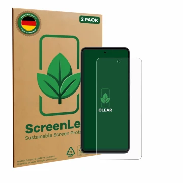 Vorderseite einer Produktverpackung mit dem Markenlogo ScreenLeaf. Daneben ist das Gerät realme 14 mit dem zugehörigen Display