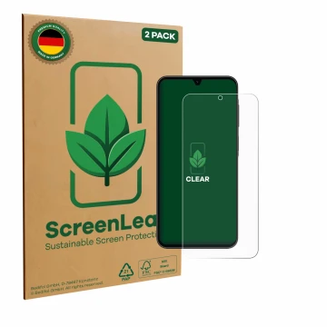 Vorderseite einer Produktverpackung mit dem Markenlogo ScreenLeaf. Daneben ist das Gerät Samsung Galaxy A26 5G Enterprise Edit