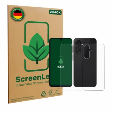 Vorderseite einer Produktverpackung mit dem Markenlogo ScreenLeaf. Daneben ist das Gerät Samsung Galaxy A26 5G Enterprise Edit