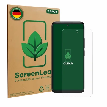 Vorderseite einer Produktverpackung mit dem Markenlogo ScreenLeaf. Daneben ist das Gerät TCL 60R mit dem zugehörigen Displaysc