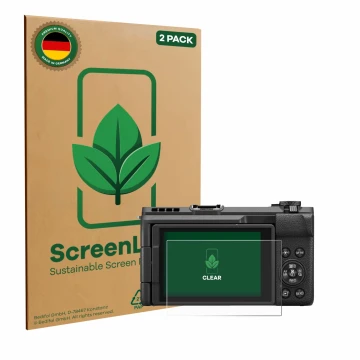 Vorderseite einer Produktverpackung mit dem Markenlogo ScreenLeaf. Daneben ist das Gerät Canon PowerShot V1 mit dem zugehörige