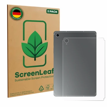 Vorderseite einer Produktverpackung mit dem Markenlogo ScreenLeaf. Daneben ist das Gerät Samsung Galaxy Tab S10 FE (Rückseite)