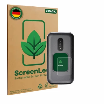 Vorderseite einer Produktverpackung mit dem Markenlogo ScreenLeaf. Daneben ist das Gerät Doro 2880 (Äußeres Display) mit dem z