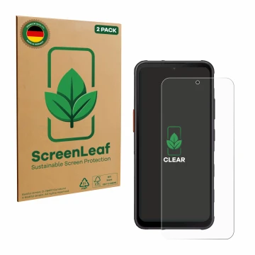 Vorderseite einer Produktverpackung mit dem Markenlogo ScreenLeaf. Daneben ist das Gerät Samsung Galaxy XCover 7 Pro mit dem z