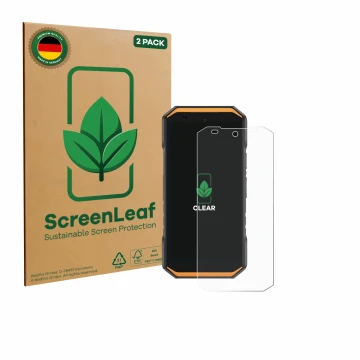 Vorderseite einer Produktverpackung mit dem Markenlogo ScreenLeaf. Daneben ist das Gerät Ulefone Armor X32 mit dem zugehörigen