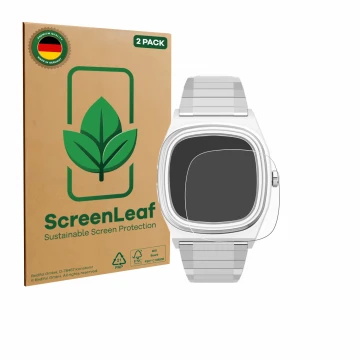Vorderseite einer Produktverpackung mit dem Markenlogo ScreenLeaf. Daneben ist das Gerät Timex Reissue 1983 E mit dem zugehöri