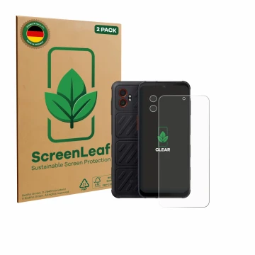 Vorderseite einer Produktverpackung mit dem Markenlogo ScreenLeaf. Daneben ist das Gerät Samsung Galaxy XCover 7 Pro (Display+