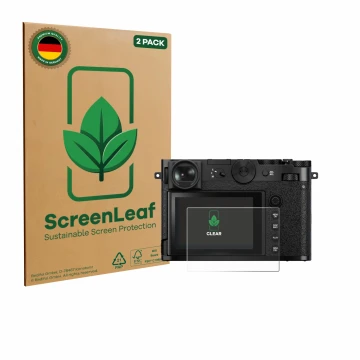 Vorderseite einer Produktverpackung mit dem Markenlogo ScreenLeaf. Daneben ist das Gerät Fujifilm GFX 100RF mit dem zugehörige