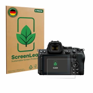 Vorderseite einer Produktverpackung mit dem Markenlogo ScreenLeaf. Daneben ist das Gerät Nikon Z5 II mit dem zugehörigen Displ