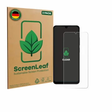 Vorderseite einer Produktverpackung mit dem Markenlogo ScreenLeaf. Daneben ist das Gerät Xiaomi Redmi A5 mit dem zugehörigen D