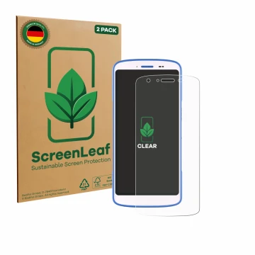 Vorderseite einer Produktverpackung mit dem Markenlogo ScreenLeaf. Daneben ist das Gerät Zebra HC 25 mit dem zugehörigen Displ