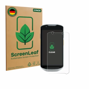 Vorderseite einer Produktverpackung mit dem Markenlogo ScreenLeaf. Daneben ist das Gerät Zebra TC52x-HC mit dem zugehörigen Di