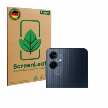 Vorderseite einer Produktverpackung mit dem Markenlogo ScreenLeaf. Daneben ist das Gerät Samsung Galaxy A06 5G (NUR Kameraschu