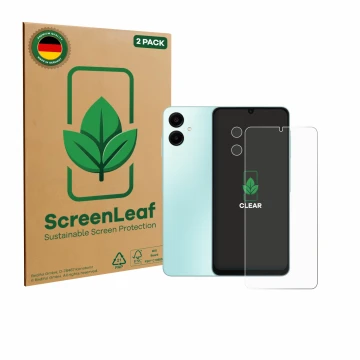 Vorderseite einer Produktverpackung mit dem Markenlogo ScreenLeaf. Daneben ist das Gerät Samsung Galaxy A06 5G (Display+Kamera