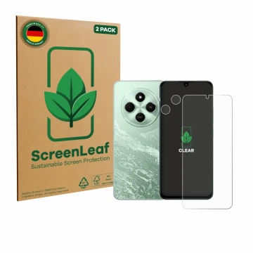 Vorderseite einer Produktverpackung mit dem Markenlogo ScreenLeaf. Daneben ist das Gerät Xiaomi Poco C75 (Display+Kamera) mit 