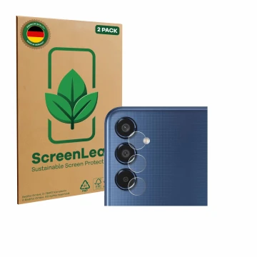 Vorderseite einer Produktverpackung mit dem Markenlogo ScreenLeaf. Daneben ist das Gerät Samsung Galaxy M35 (NUR Kameraschutz)