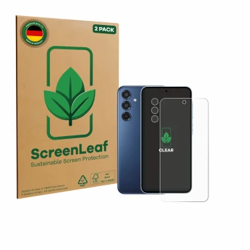 Vorderseite einer Produktverpackung mit dem Markenlogo ScreenLeaf. Daneben ist das Gerät Samsung Galaxy M35 (Display+Kamera) m