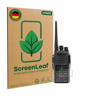 Vorderseite einer Produktverpackung mit dem Markenlogo ScreenLeaf. Daneben ist das Gerät Midland G18 Pro PMR mit dem zugehörig