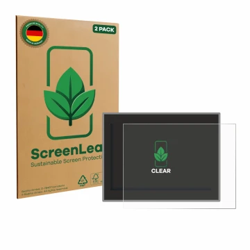 Vorderseite einer Produktverpackung mit dem Markenlogo ScreenLeaf. Daneben ist das Gerät Jeep Compass Longitud (2018) mit dem 