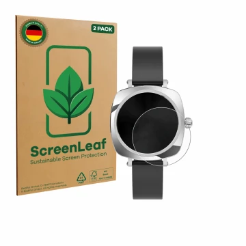 Vorderseite einer Produktverpackung mit dem Markenlogo ScreenLeaf. Daneben ist das Gerät Sross Smartwatch 1.19