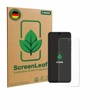 Vorderseite einer Produktverpackung mit dem Markenlogo ScreenLeaf. Daneben ist das Gerät ZTE Nubia Neo mit dem zugehörigen Dis