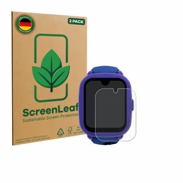 Vorderseite einer Produktverpackung mit dem Markenlogo ScreenLeaf. Daneben ist das Gerät SaveFamily Iconic Plus 2 4G mit dem z
