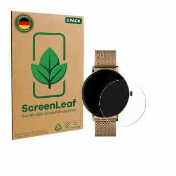 Vorderseite einer Produktverpackung mit dem Markenlogo ScreenLeaf. Daneben ist das Gerät ZenWatch Venice Pro mit dem zugehörig