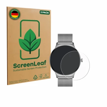 Vorderseite einer Produktverpackung mit dem Markenlogo ScreenLeaf. Daneben ist das Gerät Pireware Slim Smartwatch mit dem zuge