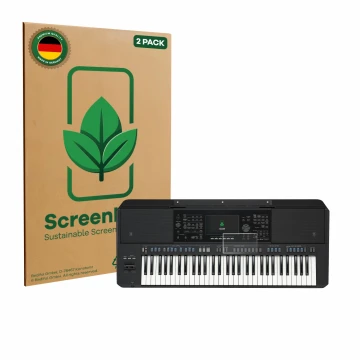 Vorderseite einer Produktverpackung mit dem Markenlogo ScreenLeaf. Daneben ist das Gerät Yamaha PSR-SX720 mit dem zugehörigen 