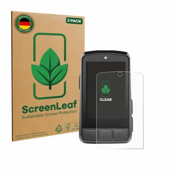 Vorderseite einer Produktverpackung mit dem Markenlogo ScreenLeaf. Daneben ist das Gerät Wahoo Elemnt Bolt 3 mit dem zugehörig