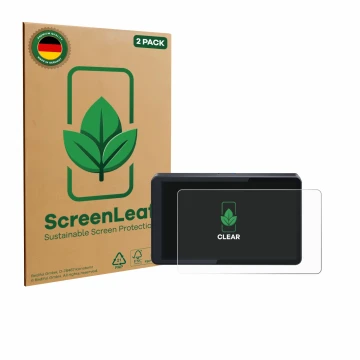 Vorderseite einer Produktverpackung mit dem Markenlogo ScreenLeaf. Daneben ist das Gerät CARabc DB601 mit dem zugehörigen Disp