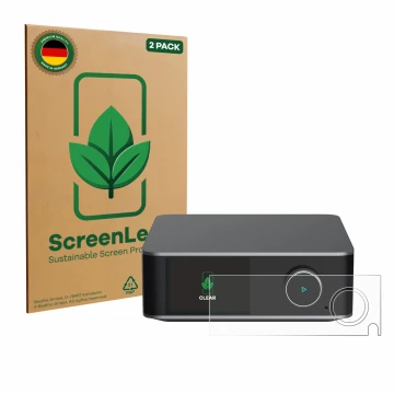Vorderseite einer Produktverpackung mit dem Markenlogo ScreenLeaf. Daneben ist das Gerät WiiM Ultra mit dem zugehörigen Displa