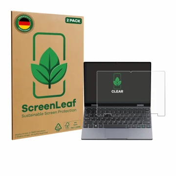 Vorderseite einer Produktverpackung mit dem Markenlogo ScreenLeaf. Daneben ist das Gerät Chuwi MiniBook X N150 mit dem zugehör