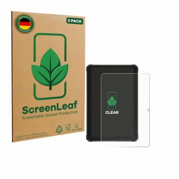 Vorderseite einer Produktverpackung mit dem Markenlogo ScreenLeaf. Daneben ist das Gerät Hotwav R10 Pro mit dem zugehörigen Di