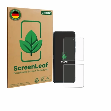 Vorderseite einer Produktverpackung mit dem Markenlogo ScreenLeaf. Daneben ist das Gerät Motorola Razr 60 mit dem zugehörigen 