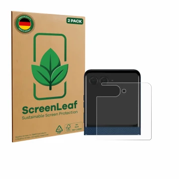Vorderseite einer Produktverpackung mit dem Markenlogo ScreenLeaf. Daneben ist das Gerät Motorola Razr 60 (Hinteres Display) m