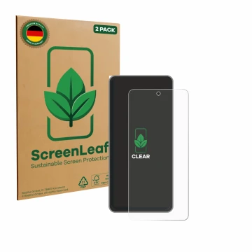 Vorderseite einer Produktverpackung mit dem Markenlogo ScreenLeaf. Daneben ist das Gerät realme GT 7T mit dem zugehörigen Disp