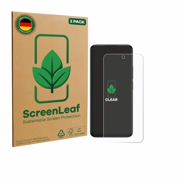 Vorderseite einer Produktverpackung mit dem Markenlogo ScreenLeaf. Daneben ist das Gerät TCL 60 5G mit dem zugehörigen Display