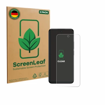 Vorderseite einer Produktverpackung mit dem Markenlogo ScreenLeaf. Daneben ist das Gerät TCL 60R 5G mit dem zugehörigen Displa