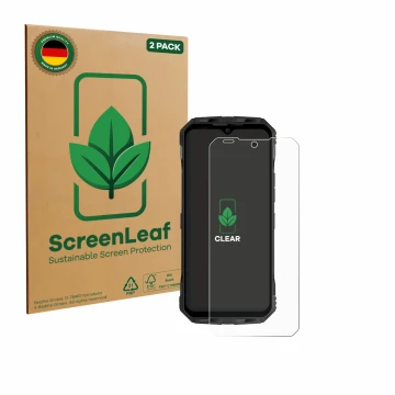 Vorderseite einer Produktverpackung mit dem Markenlogo ScreenLeaf. Daneben ist das Gerät Doogee V Max S mit dem zugehörigen Di