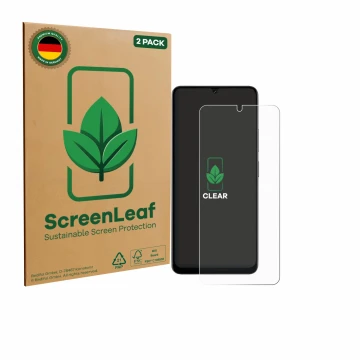 Vorderseite einer Produktverpackung mit dem Markenlogo ScreenLeaf. Daneben ist das Gerät Doogee Note 59 Pro mit dem zugehörige