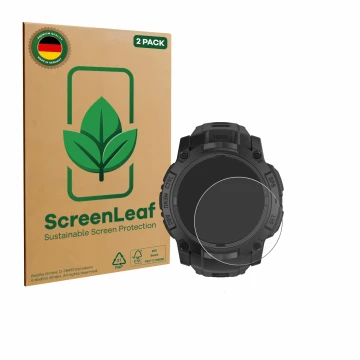 Vorderseite einer Produktverpackung mit dem Markenlogo ScreenLeaf. Daneben ist das Gerät Garmin Instinct 3 Tactical AMOLED Edi