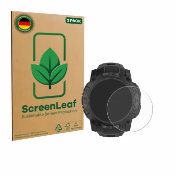 Vorderseite einer Produktverpackung mit dem Markenlogo ScreenLeaf. Daneben ist das Gerät Garmin Instinct 3 Solar Tactical Edit